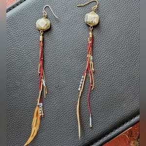 Delicate feather and stone dangle earrings